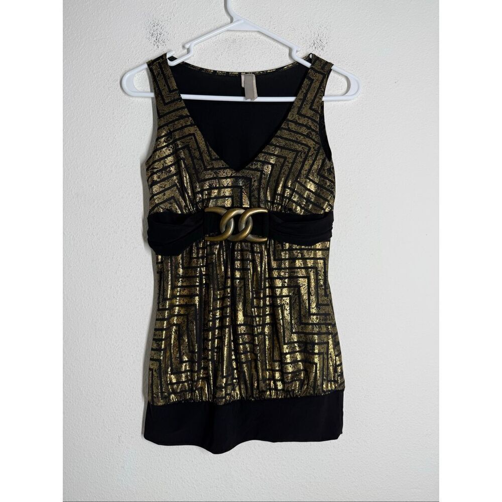Womens Black & Metallic Gold Dressy Banded Bottom Tank Top Size S See Notes